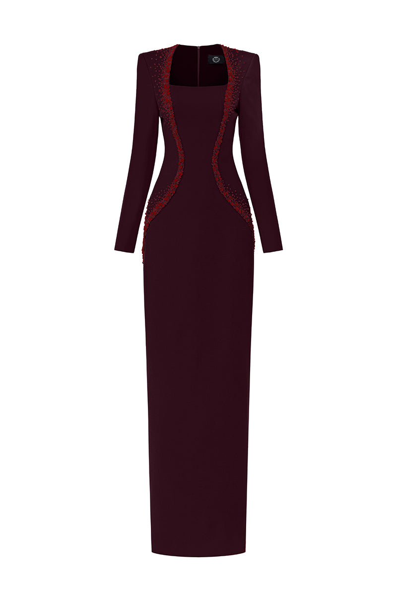 Embellished Trapeze Neck Column Gown With Long Sleeves | I.H.F ATELIER