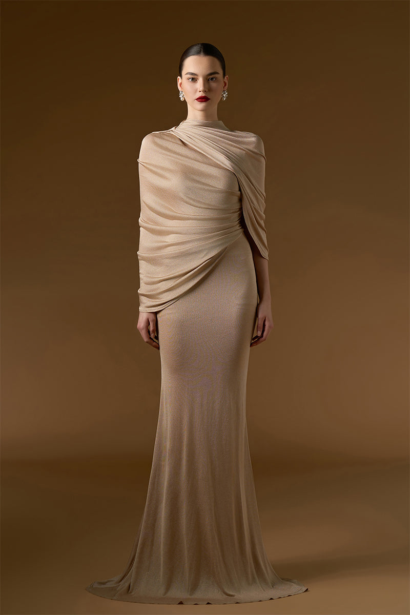 Floor-length Mermaid Gown With Cascading Shoulder Drape | I.H.F ATELIER