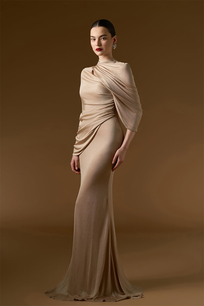 Floor-length Mermaid Gown With Cascading Shoulder Drape | I.H.F ATELIER