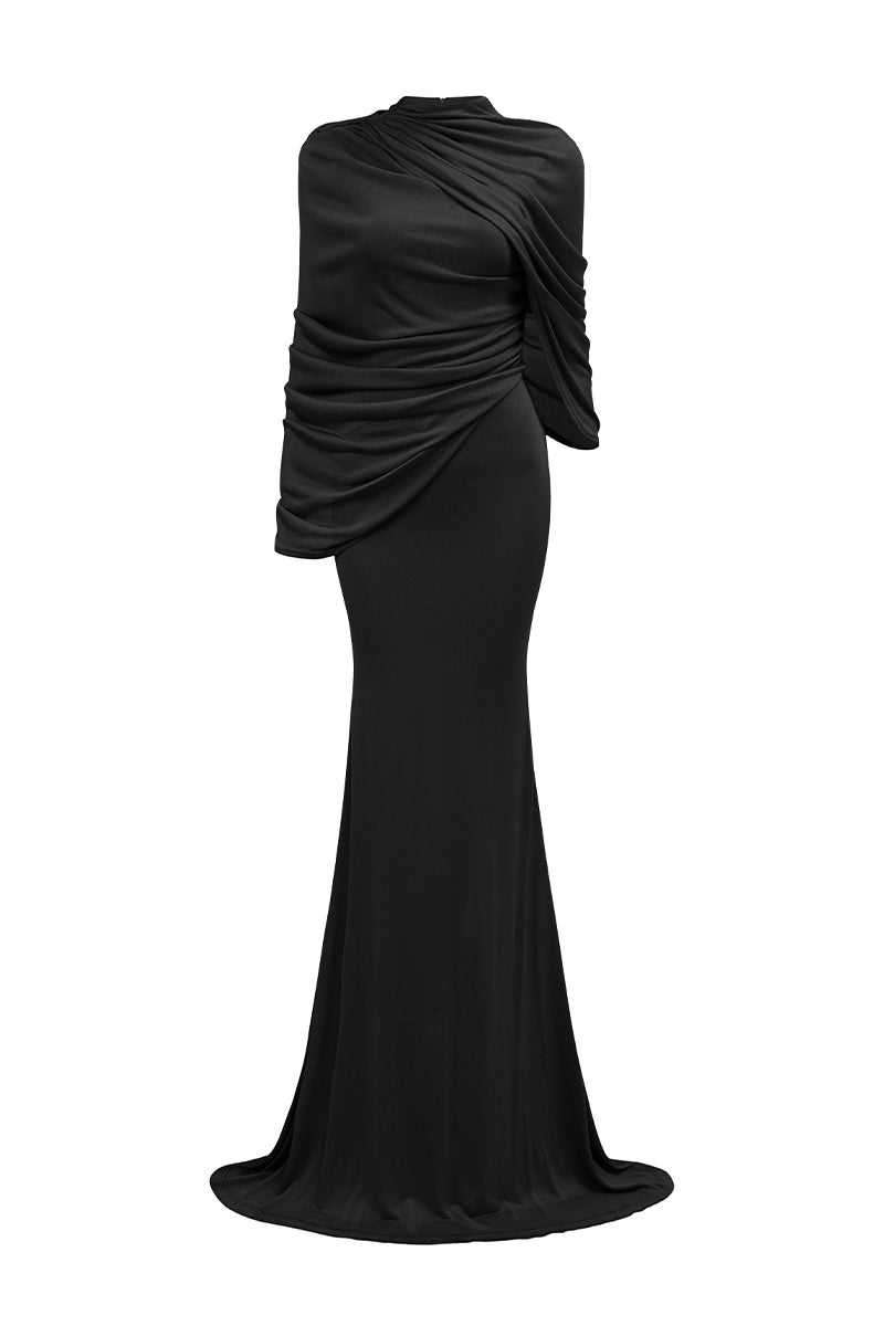Floor-length Mermaid Gown With Cascading Shoulder Drape | I.H.F ATELIER