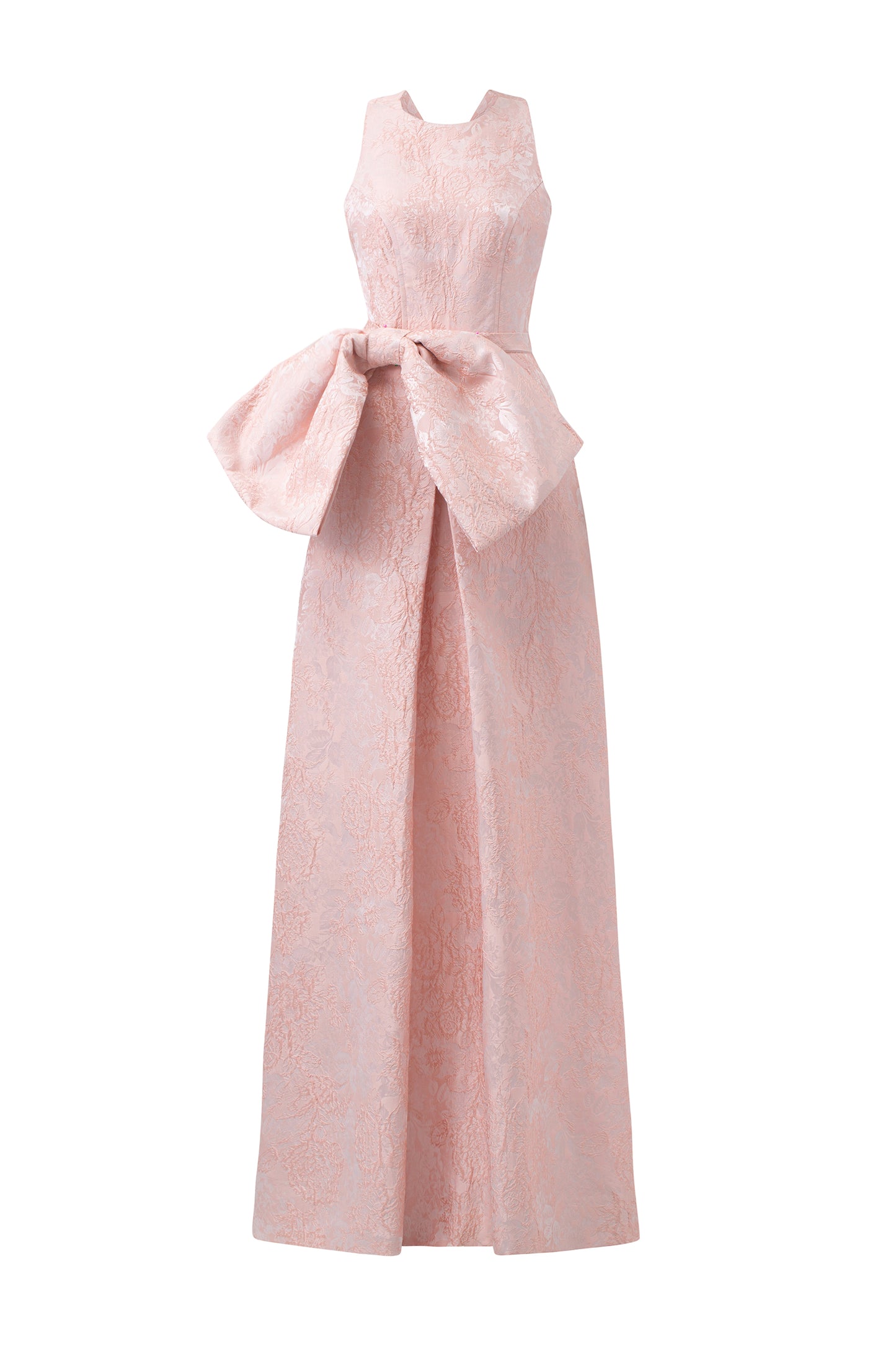 Peach Pink Rose Jacquard Halter Neck With Waist Bow Dress