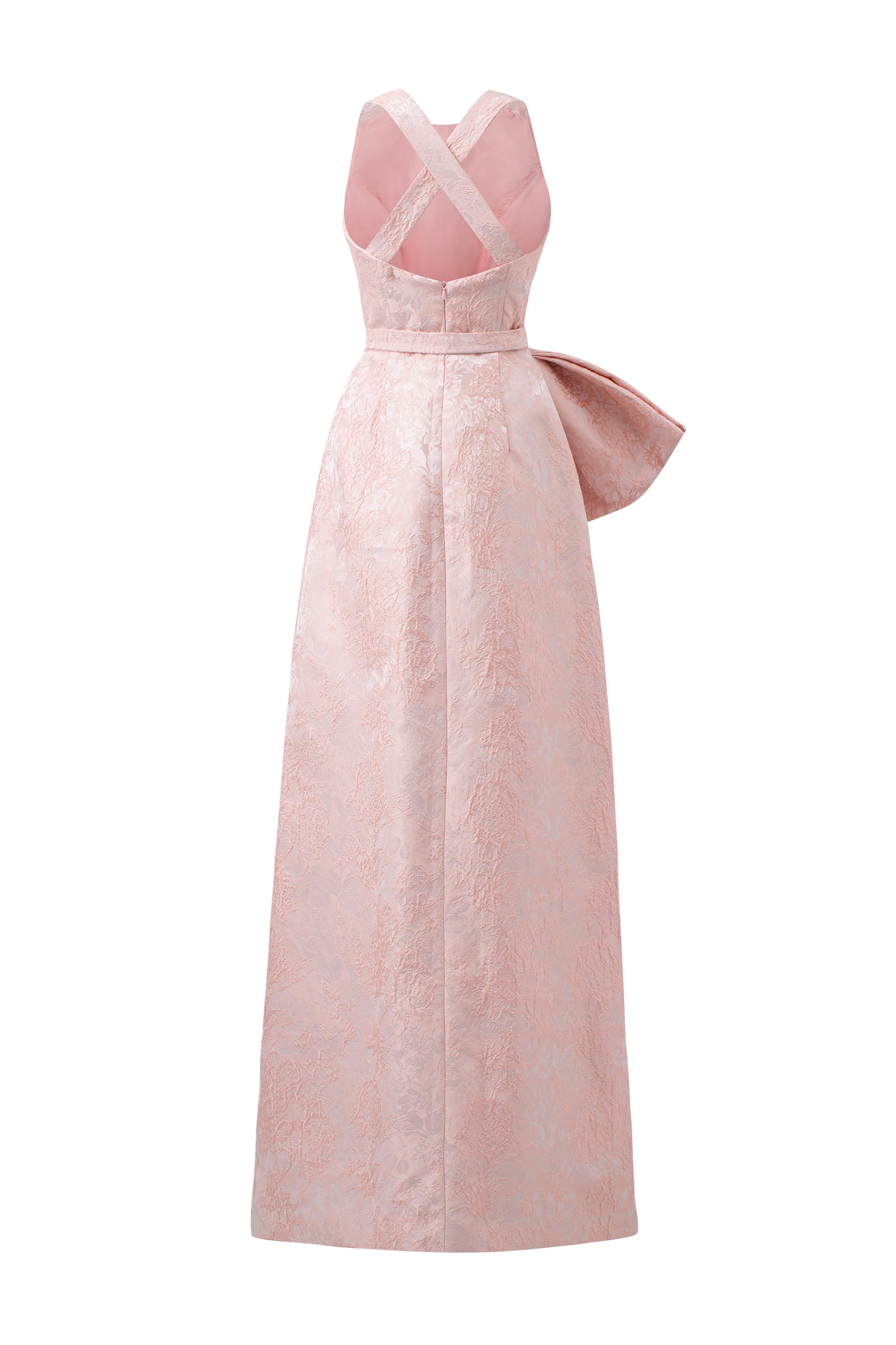 Peach Pink Rose Jacquard Halter Neck With Waist Bow Dress