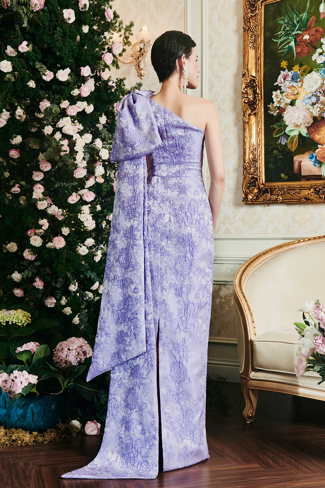 Lavender One-bow Shoulder Rose Jacquard Sheath Dress | I.H.F ATELIER