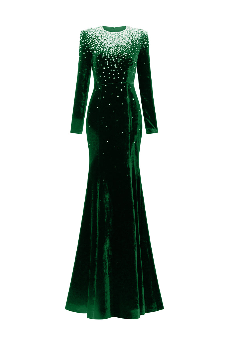 Long Sleeves Mermaid Gown With Round Neck And Embellished Crystals | I.H.F ATELIER