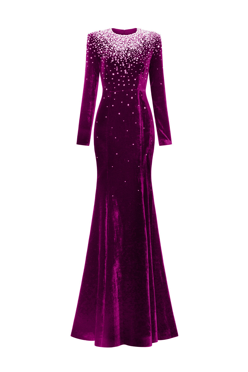 Long Sleeves Mermaid Gown With Round Neck And Embellished Crystals | I.H.F ATELIER