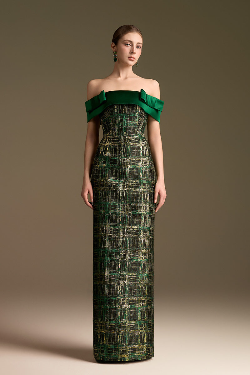 Off-Shoulder Column Gown With Symmetric Bows In Jacquard And Satin Silk | I.H.F ATELIER