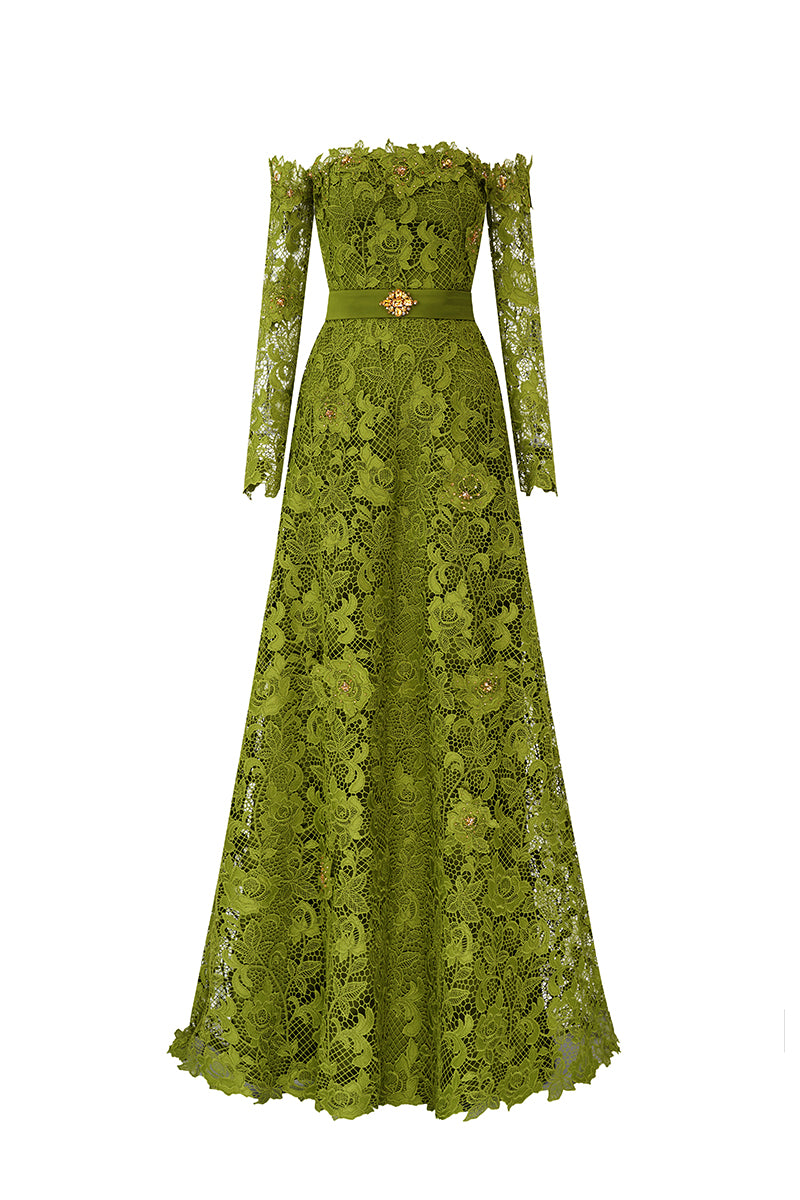 Olive Long Sleeves Off-Shoulder A-Line Gown | I.H.F ATELIER