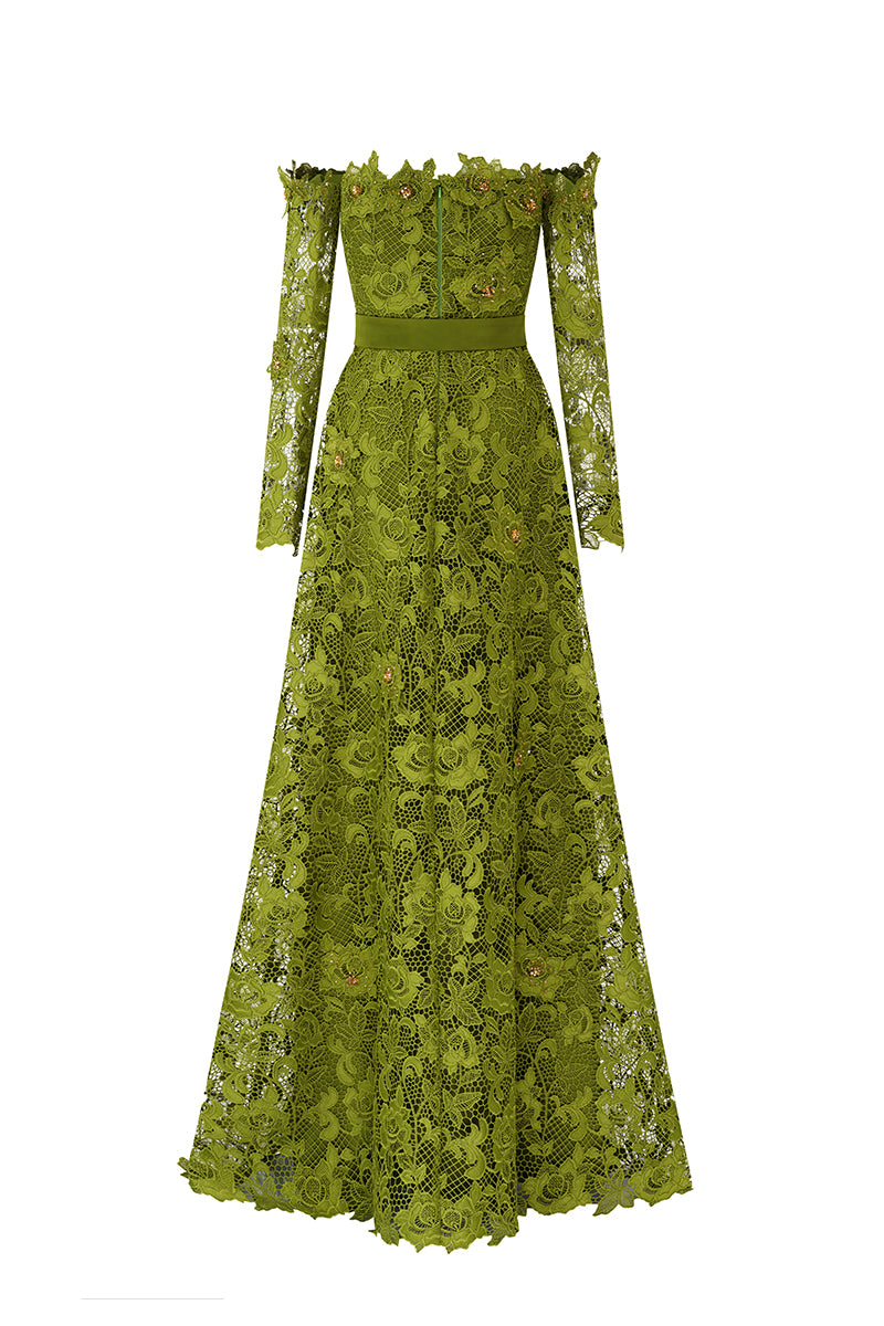 Olive Long Sleeves Off-Shoulder A-Line Gown | I.H.F ATELIER