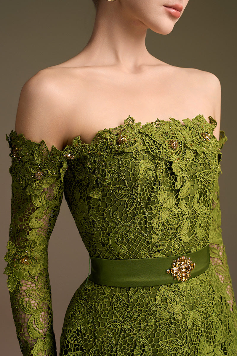 Olive Long Sleeves Off-Shoulder A-Line Gown | I.H.F ATELIER