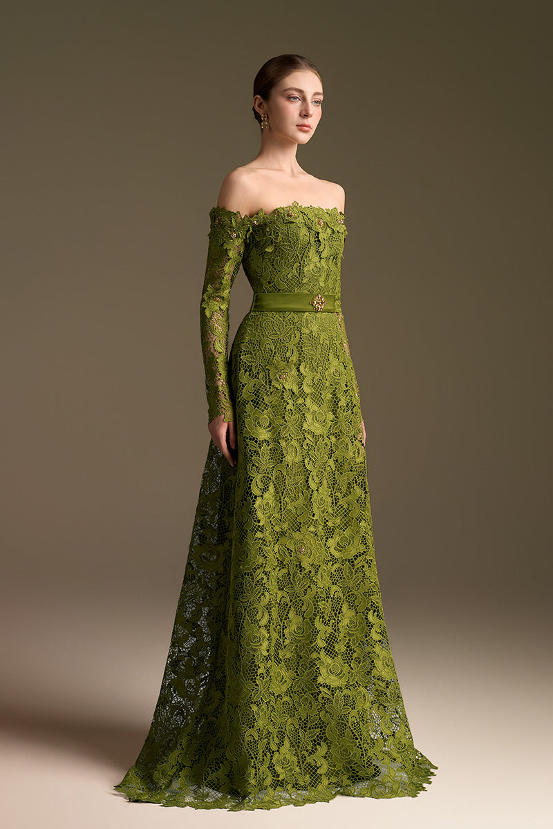 Olive Long Sleeves Off-Shoulder A-Line Gown | I.H.F ATELIER