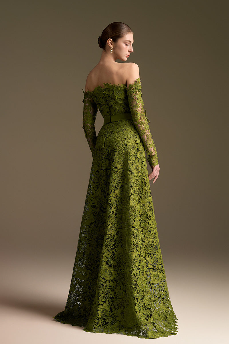 Olive Long Sleeves Off-Shoulder A-Line Gown | I.H.F ATELIER