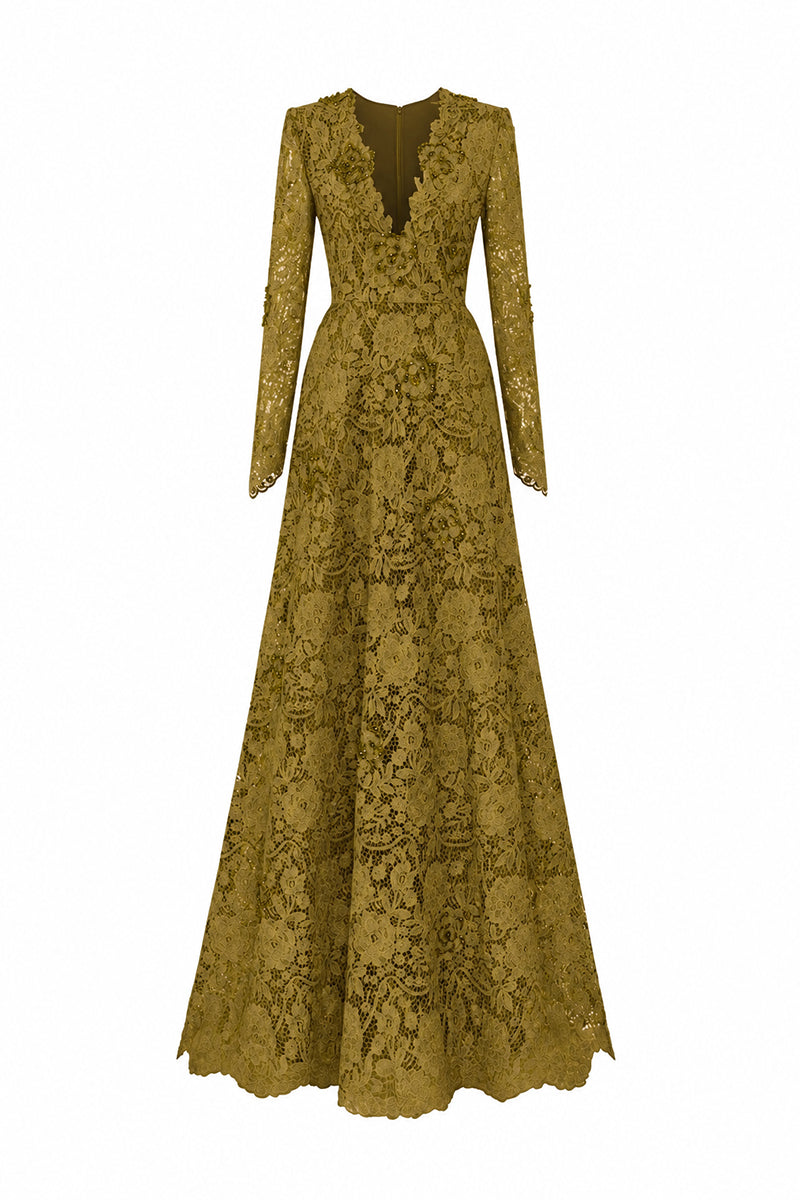 Olive V-Neck A-Line Gown With Long Sleeves | I.H.F ATELIER