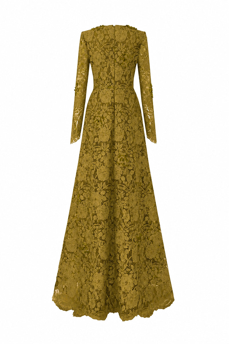 Olive V-Neck A-Line Gown With Long Sleeves | I.H.F ATELIER