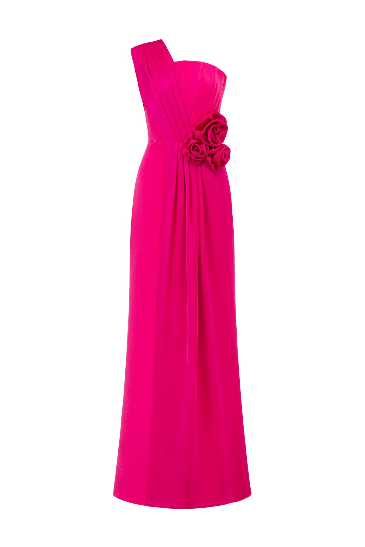 Pleated One-Shoulder Column Gown With Rose Draped Details | I.H.F ATELIER
