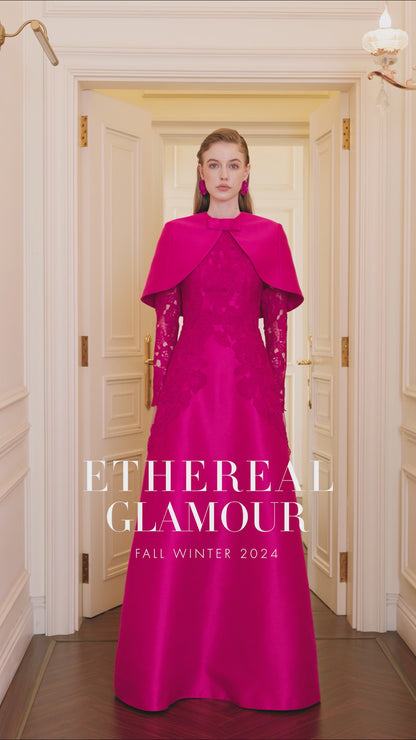 Fuchsia Lace and Taffeta Gown With Mini Cape