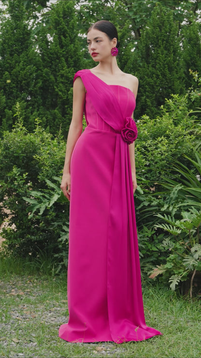 Pleated One-Shoulder Column Gown With Rose Draped Details