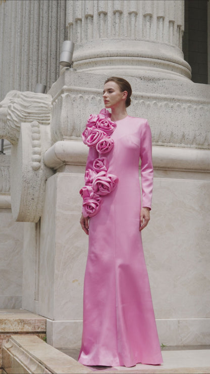 Long Sleeves Dress With Draped Roses Detail