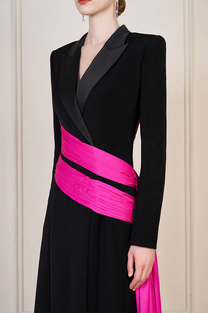 A-Line Evening Gown With Peak Lapel Collar And Side Wrapped Ribbon