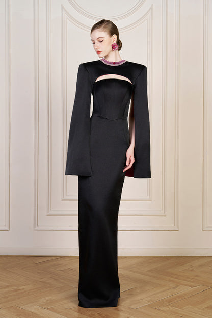 Column Evening Gown With Chest Cut-Out And Long Slit Sleeves