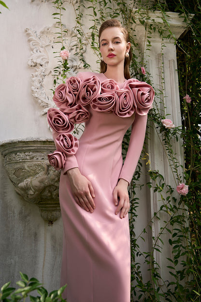 Column Evening Gown With Long Sleeves And Attached Draped Rose