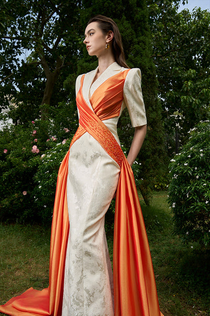 Column Evening Gown With Peak Lapel Collar And Crossed Wrapped Ribbons