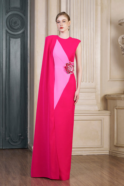 Column Evening Gown With Side Waist Patched And Attached One Shoulder Long Cape