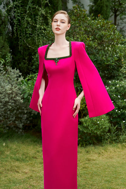 Column Evening Gown With Trapeze Neckline And Long Slit Sleeves