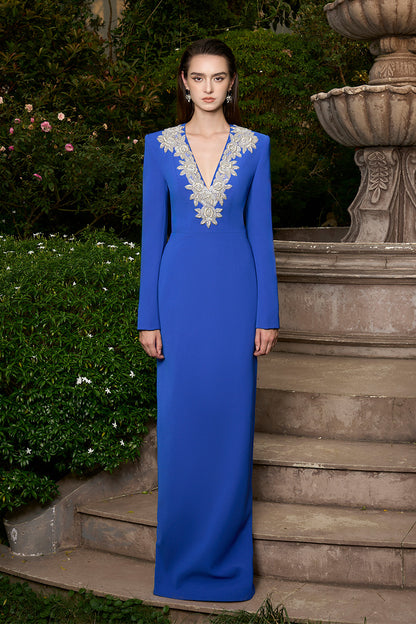 Column Evening Gown With V-Neckline And Long Sleeves