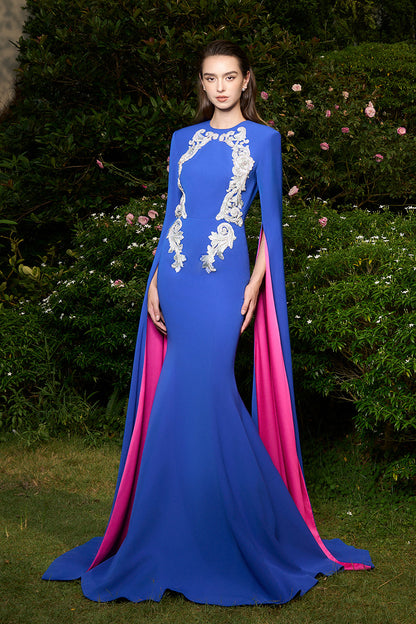 Mermaid Evening Gown With Round Neckline And Floor-Length Slit Sleeves