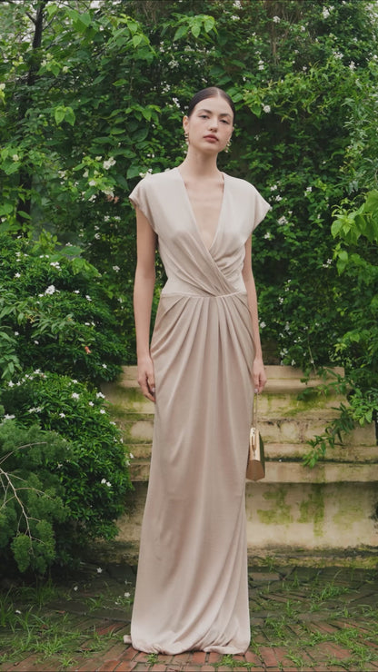 V-Neck Gathered Waistline Jersey Gown