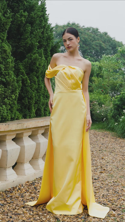 Asymmetrical Draped Strapless Column Silk Gown