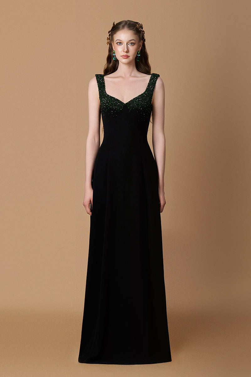 Queen Anne Neck A-Line Gown In Black Crepe | I.H.F ATELIER