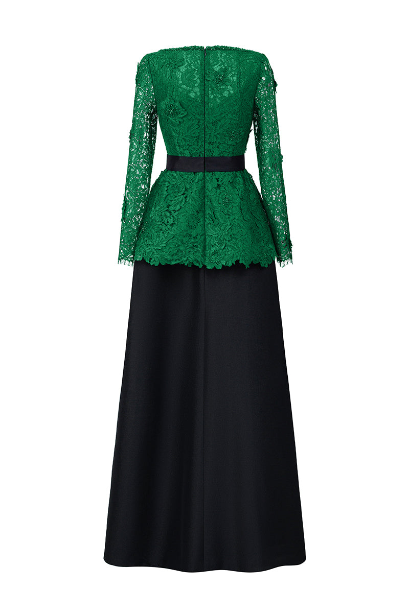 Queen Anne Neck A-Line Gown In Dark Green French Lace & Black Taffeta | I.H.F ATELIER