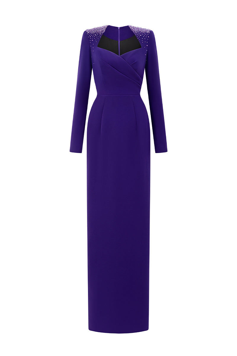 Queen Anne Neck Column Gown With Long Sleeves | I.H.F ATELIER