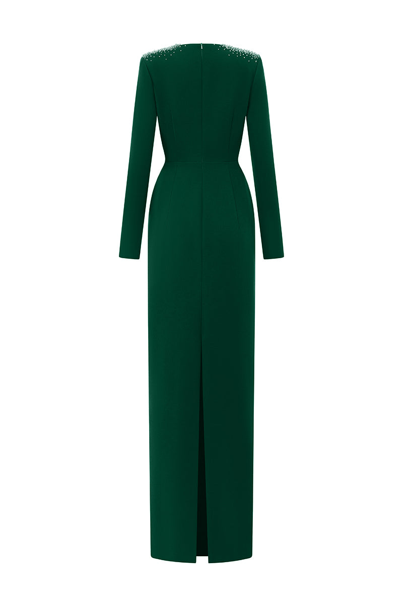 Queen Anne Neck Column Gown With Long Sleeves | I.H.F ATELIER