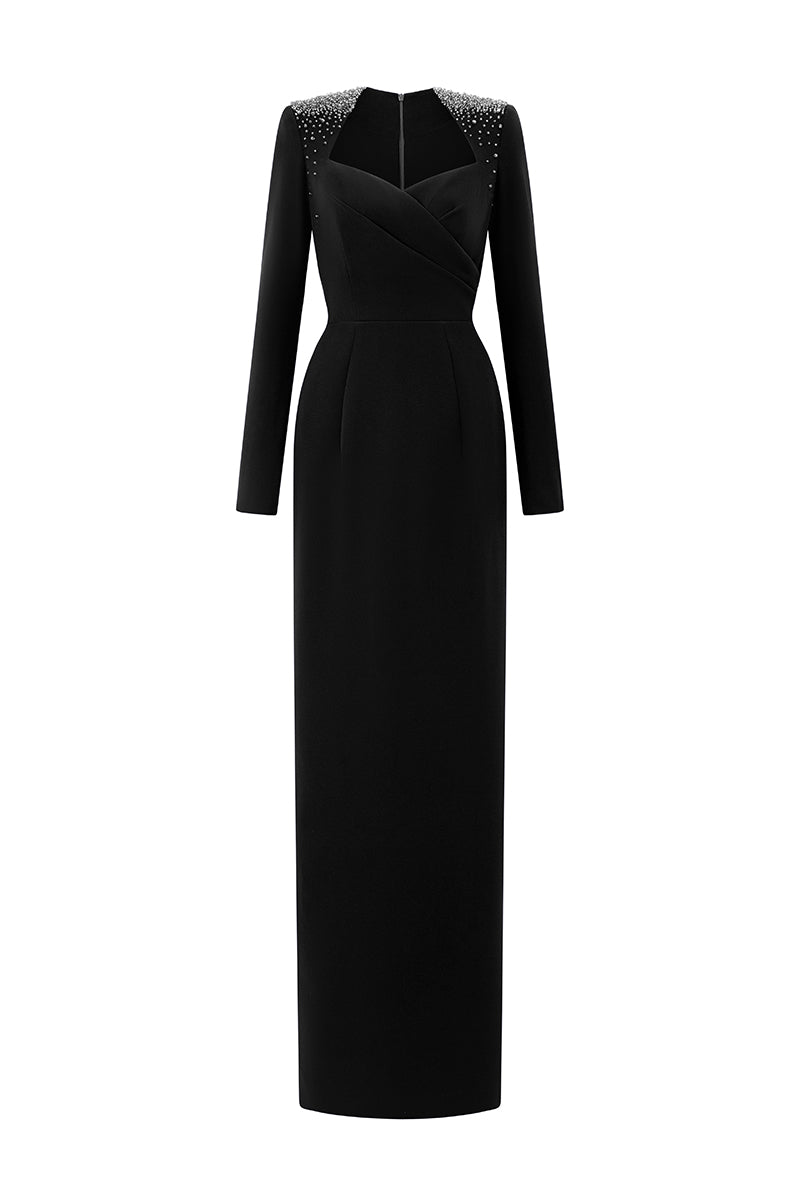 Queen Anne Neck Column Gown With Long Sleeves | I.H.F ATELIER