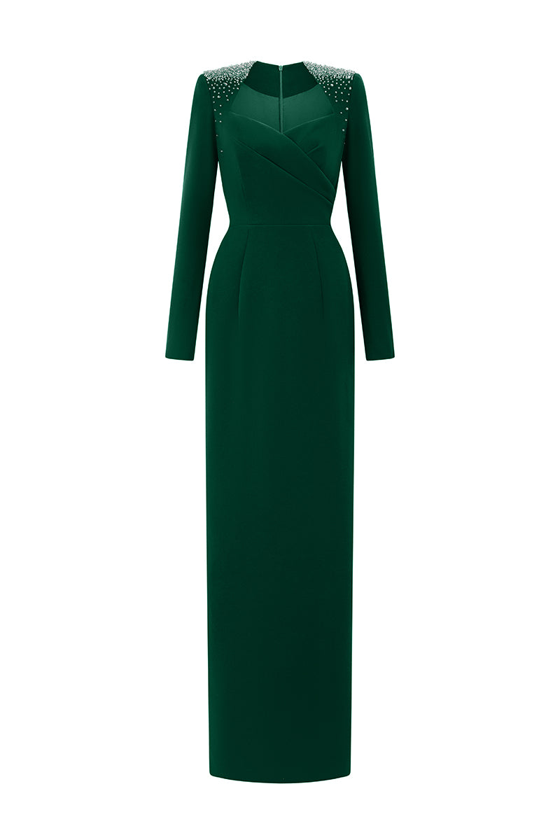 Queen Anne Neck Column Gown With Long Sleeves | I.H.F ATELIER