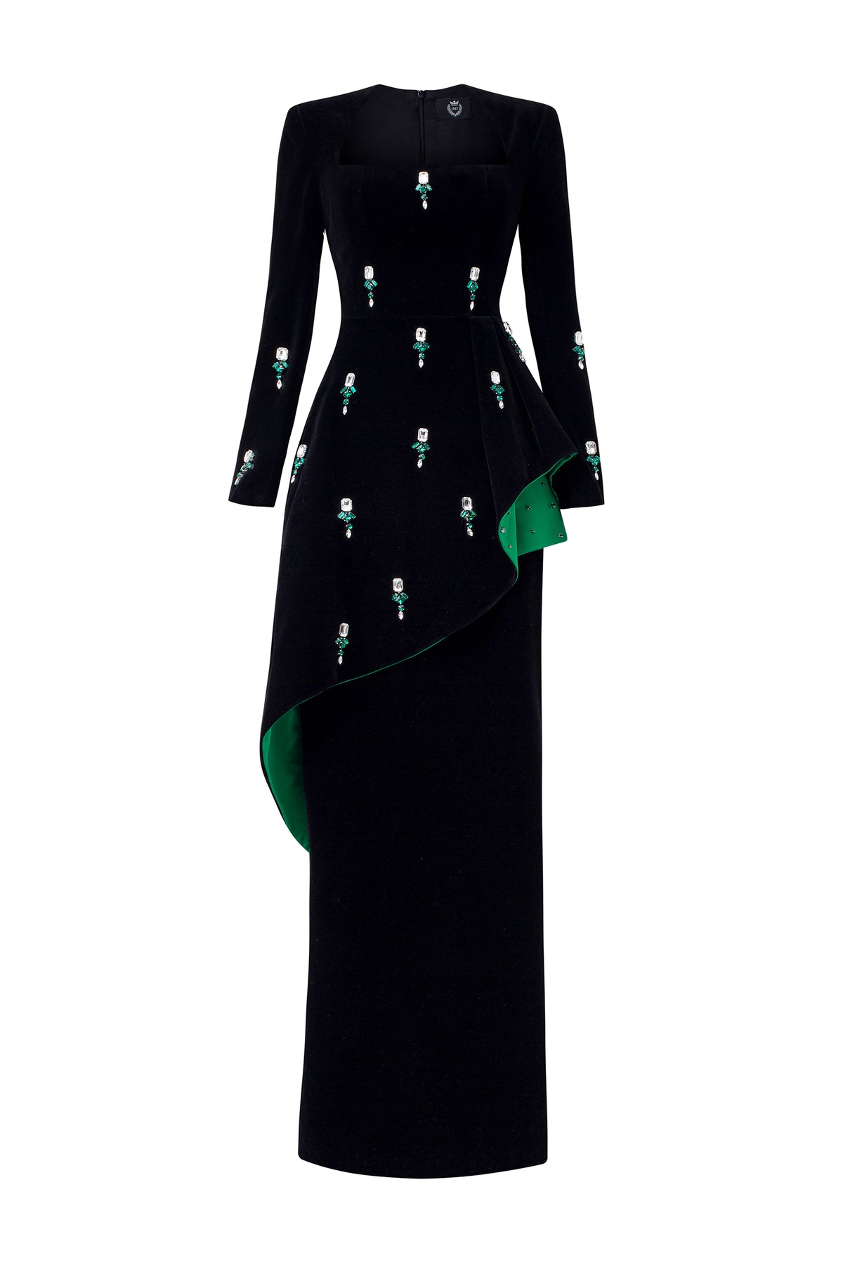 Queen Anne Neckline and Draped Waist Black Velvet Gown | I.H.F ATELIER