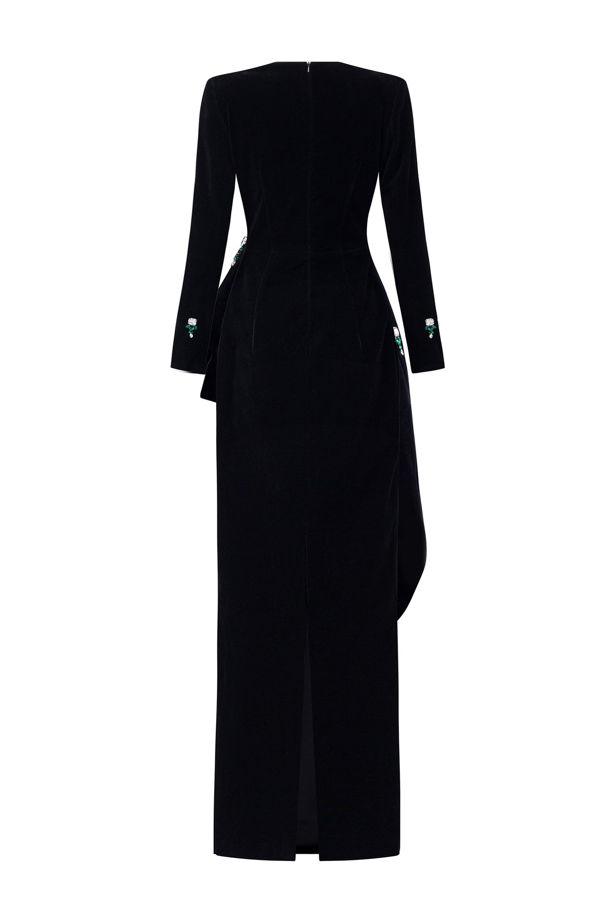 Queen Anne Neckline and Draped Waist Black Velvet Gown | I.H.F ATELIER