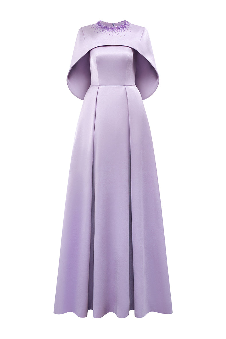Round Neck A-Line Gown With Circular Cut Mini Cape | I.H.F ATELIER