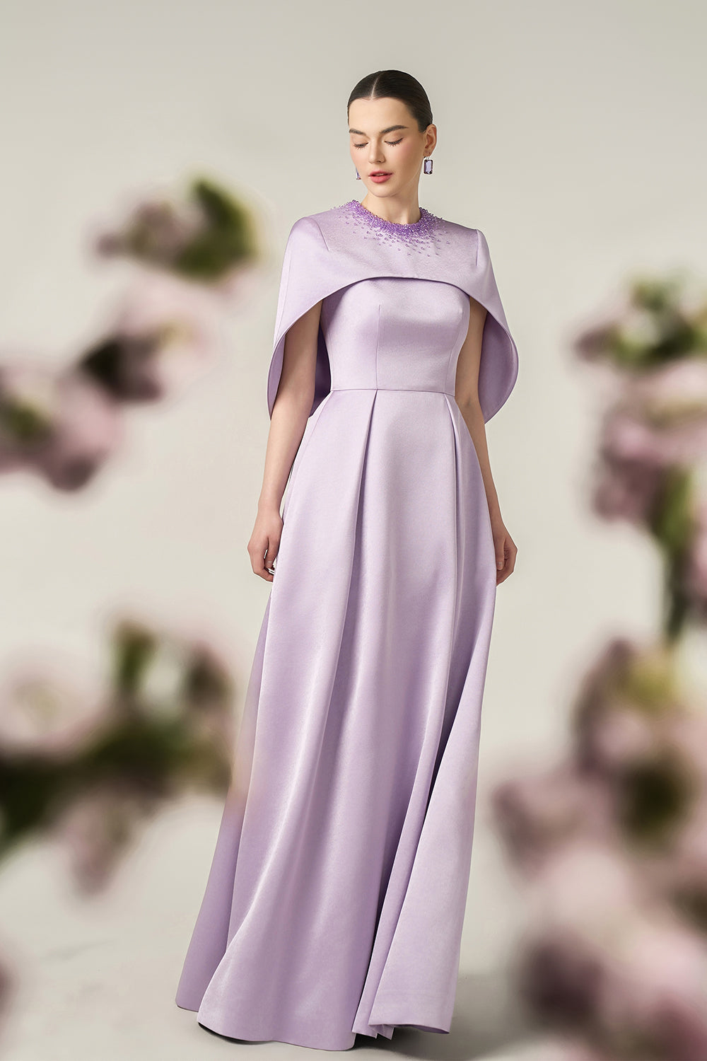 Round Neck A-Line Gown With Circular Cut Mini Cape | I.H.F ATELIER