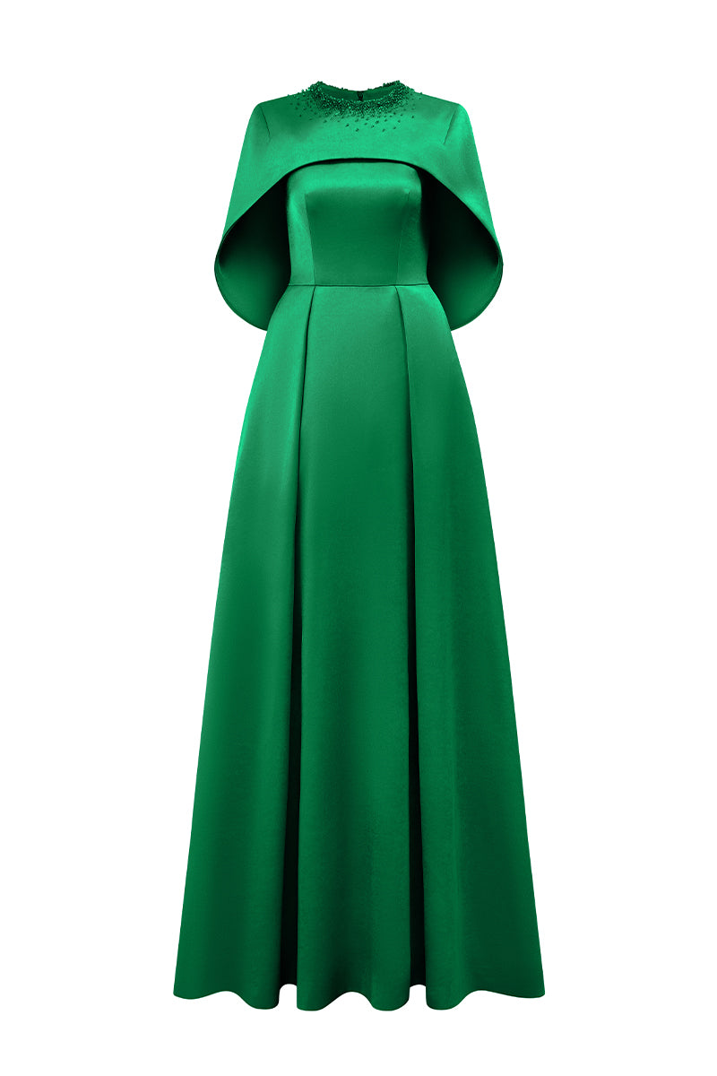 Round Neck A-Line Gown With Circular Cut Mini Cape | I.H.F ATELIER