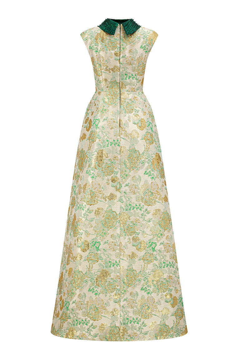 Round Neck A-Line Gown With De-Constructed Collar In Green Floral Metallic Jacquard | I.H.F ATELIER