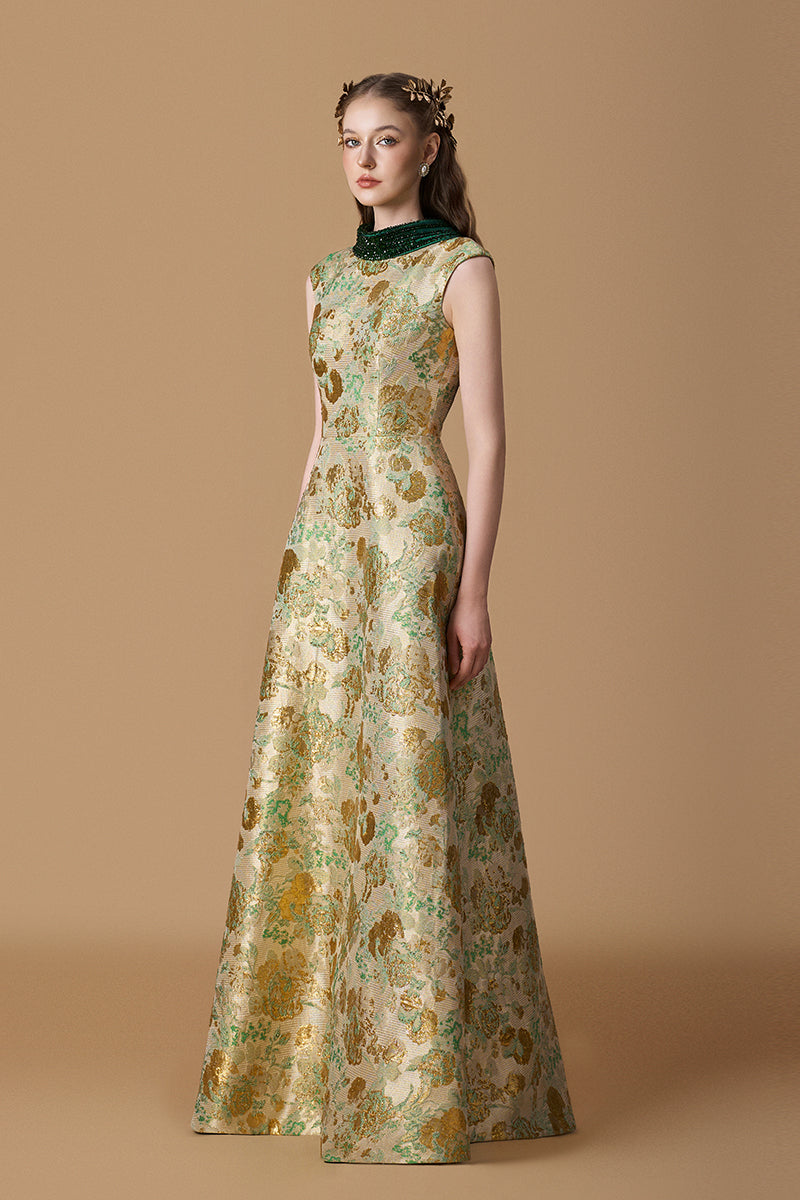 Round Neck A-Line Gown With De-Constructed Collar In Green Floral Metallic Jacquard | I.H.F ATELIER