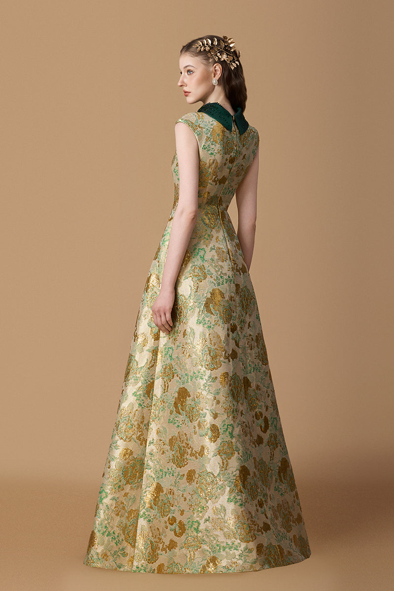 Round Neck A-Line Gown With De-Constructed Collar In Green Floral Metallic Jacquard | I.H.F ATELIER