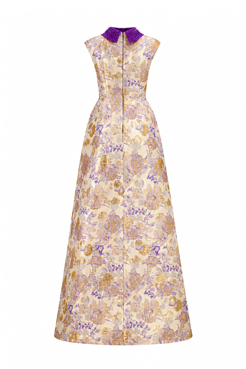 Round Neck A-Line Gown With De-Constructed Collar In Purple Floral Metallic Jacquard | I.H.F ATELIER