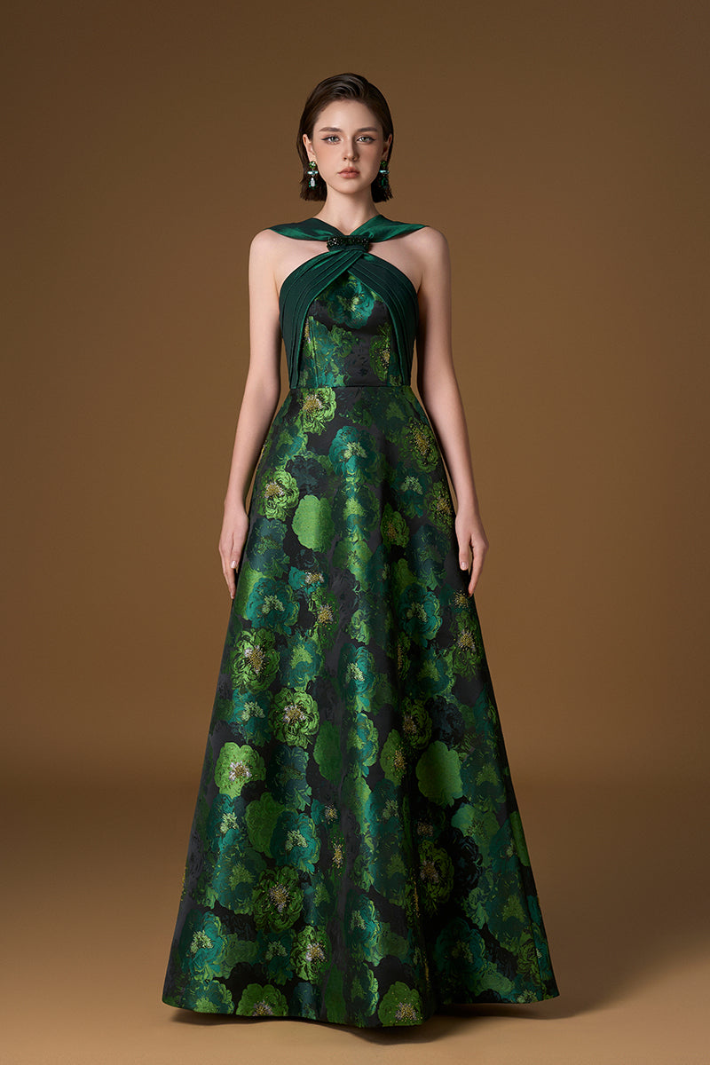 Round Neck A-line Gown With Gathering With Ties In Green Taffeta And Floral Jacquard | I.H.F ATELIER