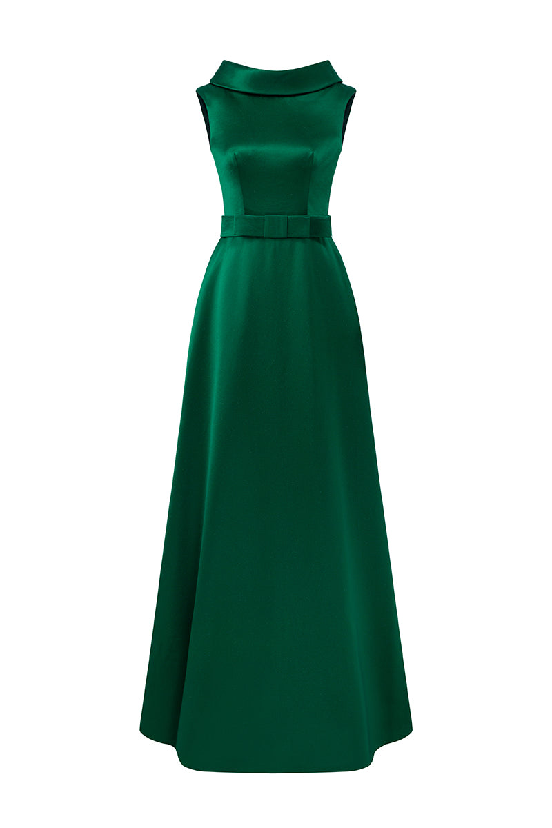 Round Neck A-Line Gown With Large De-Constructed Collar In Green Silk | I.H.F ATELIER