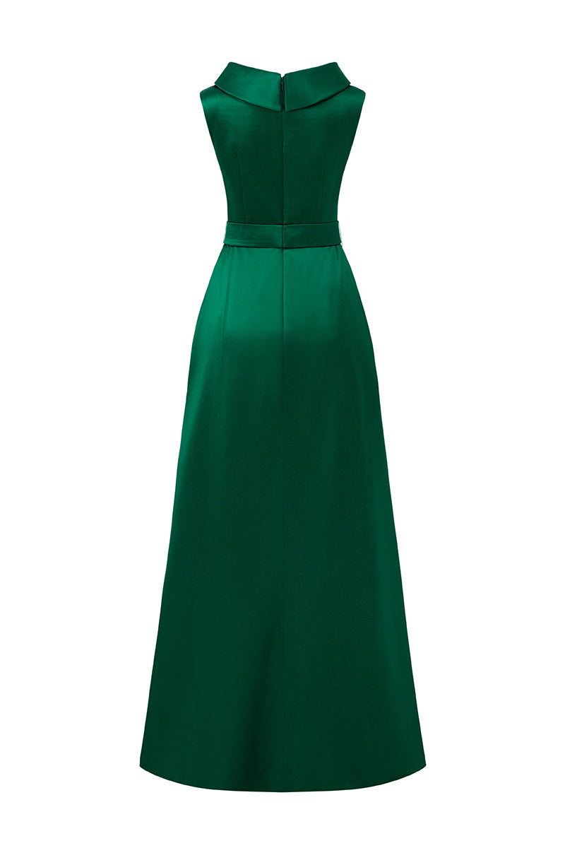 Round Neck A-Line Gown With Large De-Constructed Collar In Green Silk | I.H.F ATELIER