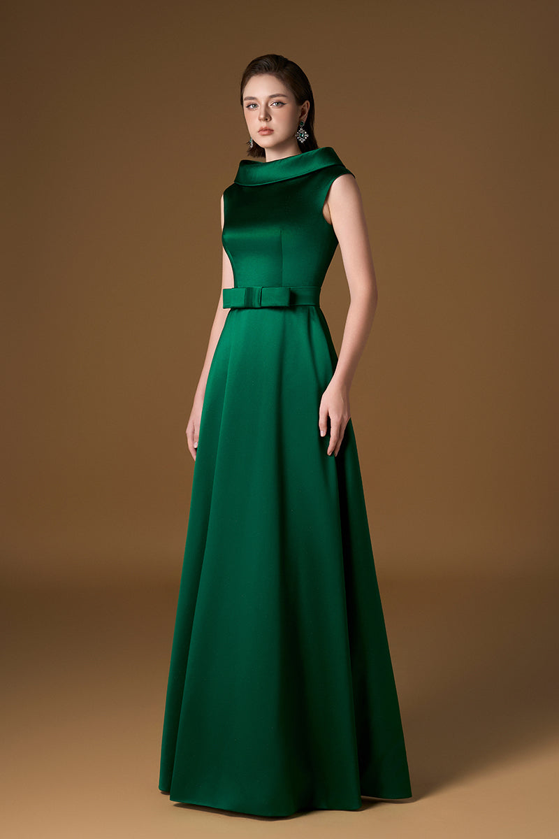 Round Neck A-Line Gown With Large De-Constructed Collar In Green Silk | I.H.F ATELIER